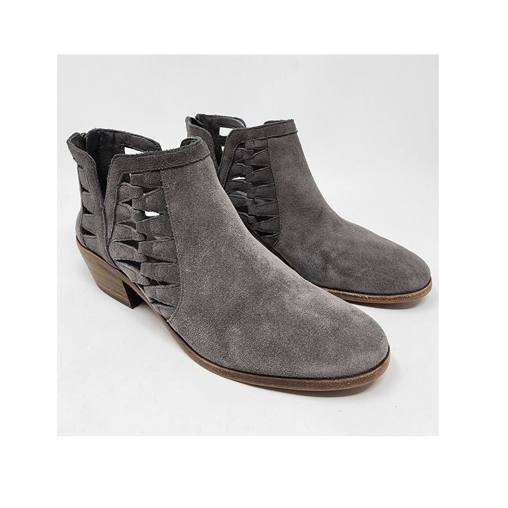 Vince Camuto Peera Ankle Booties Women 7.5M Peera Grey Suede Cutouts Heel Zip